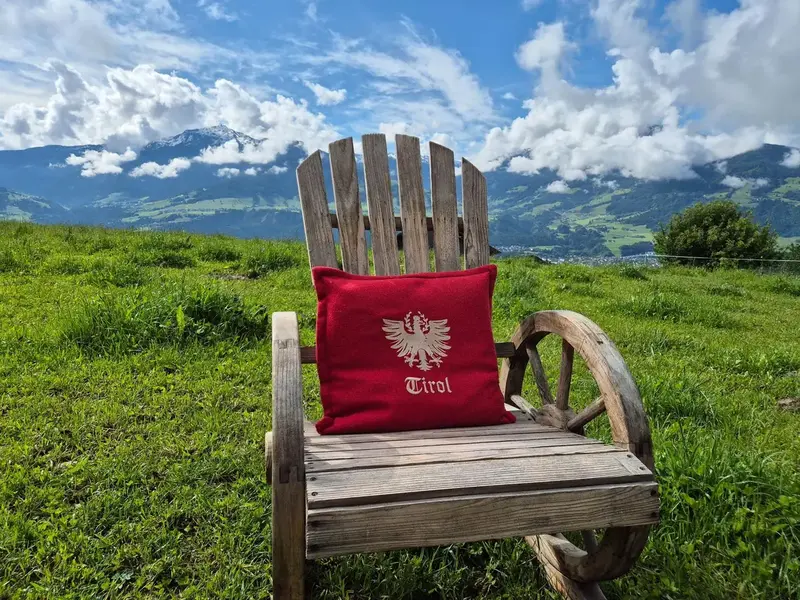 Tiroler Sessel auf der Bergwiese an der Tiroler Hütte mit Blick ins Inntal