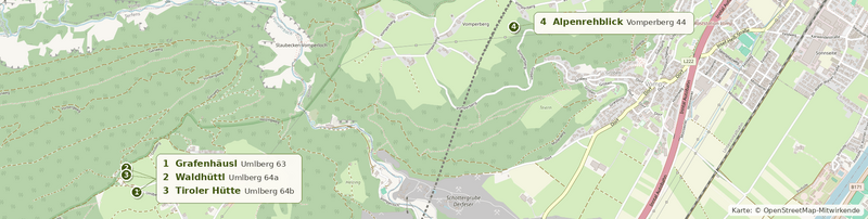 Karte der vier Hüttenglück-Häuser am Umlberg bei Terfens und am Vomperberg in Tirol