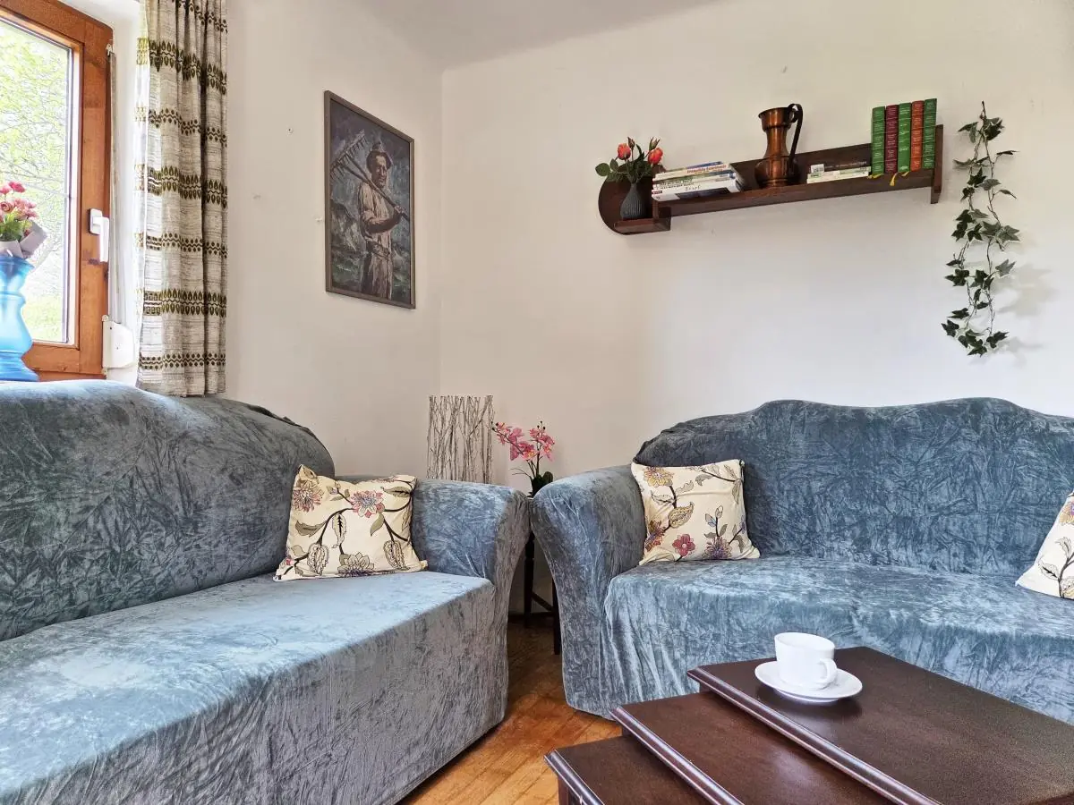 Sofas im Wohnzimmer des Ferienhauses Alpenrehblick, Platz für die ganze Gruppe