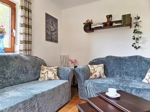 Sofas im Wohnzimmer des Ferienhauses Alpenrehblick, Platz für die ganze Gruppe