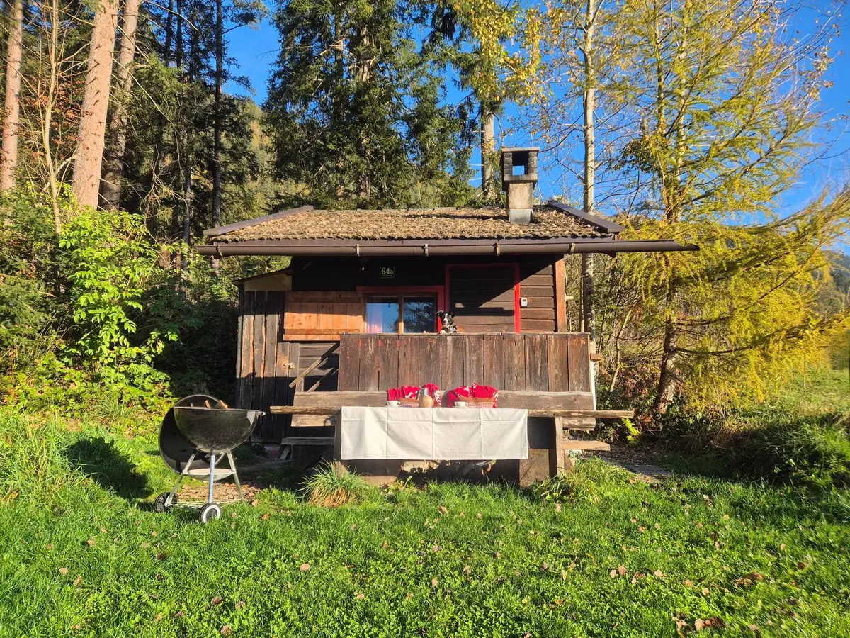 Waldhüttl im Frühling mit gedecktem Tisch davor, Holzhütte im Wald in Tirol