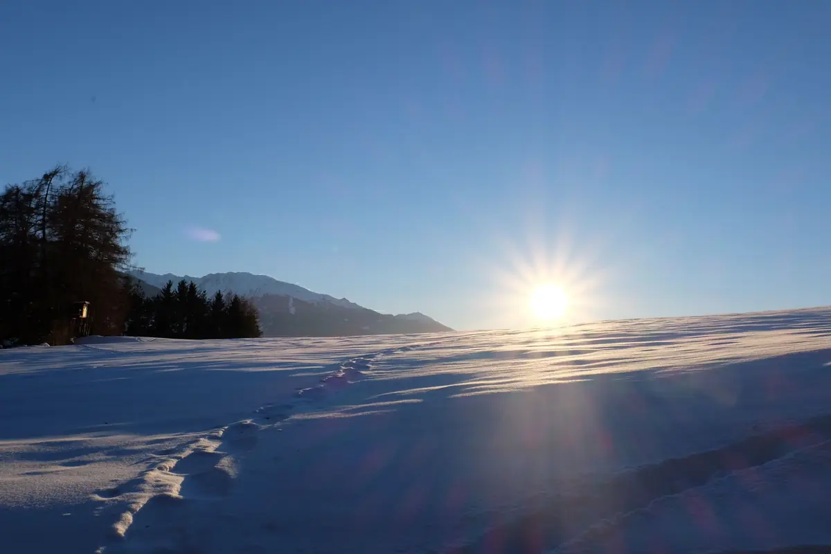 Erste Spur im Schnee bei tief stehender Sonne am Waldhüttl